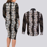 Black and Beige Hawaii Shell Lei Couples Matching Long Sleeve Bodycon Dress and Long Sleeve Button Shirt Hawaiian Sunrise Shell Hebrew Cone Plumeria LT14 - Polynesian Pride