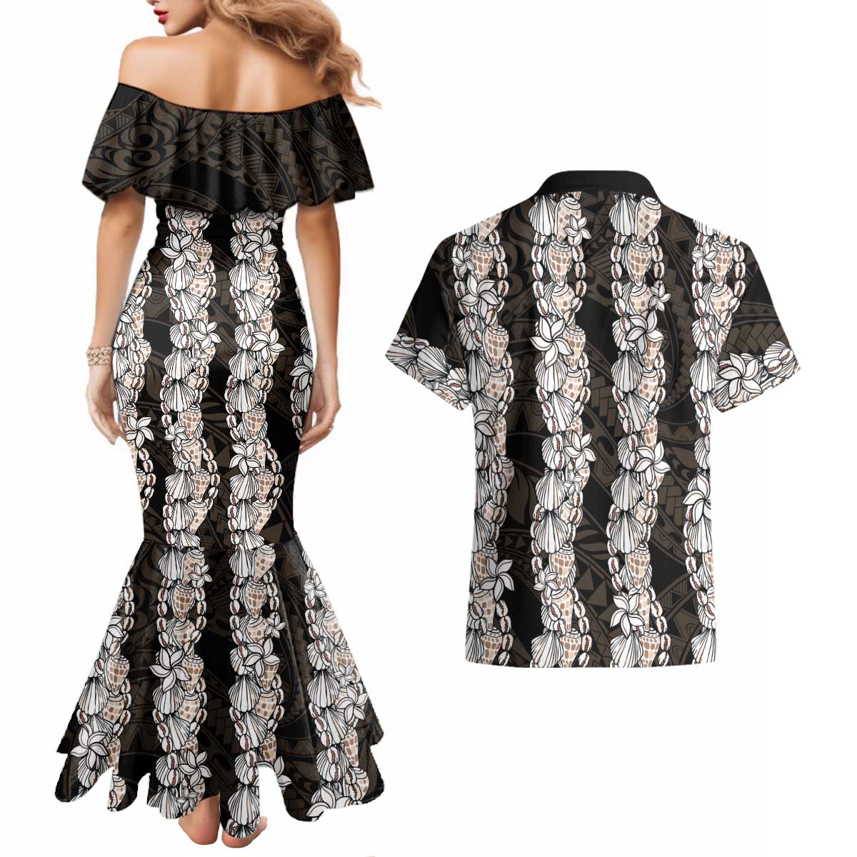 Black and Beige Hawaii Shell Lei Couples Matching Mermaid Dress and Hawaiian Shirt Hawaiian Sunrise Shell Hebrew Cone Plumeria LT14 - Polynesian Pride