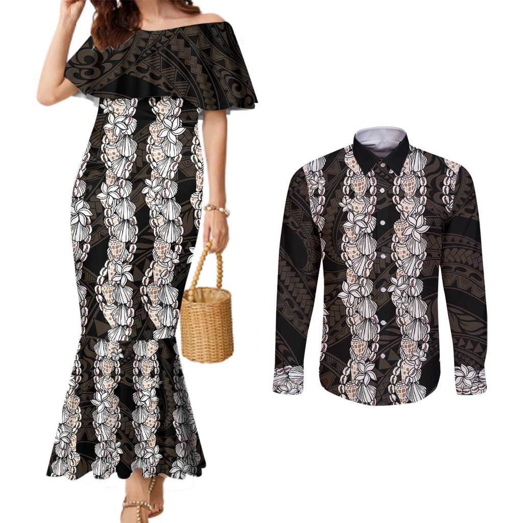 Black and Beige Hawaii Shell Lei Couples Matching Mermaid Dress and Long Sleeve Button Shirt Hawaiian Sunrise Shell Hebrew Cone Plumeria LT14 Black - Polynesian Pride