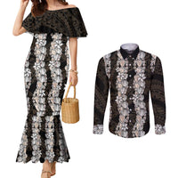 Black and Beige Hawaii Shell Lei Couples Matching Mermaid Dress and Long Sleeve Button Shirt Hawaiian Sunrise Shell Hebrew Cone Plumeria LT14 Black - Polynesian Pride