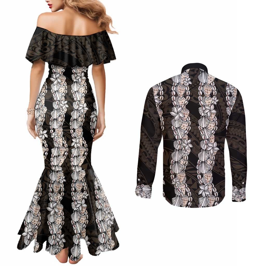 Black and Beige Hawaii Shell Lei Couples Matching Mermaid Dress and Long Sleeve Button Shirt Hawaiian Sunrise Shell Hebrew Cone Plumeria LT14 - Polynesian Pride