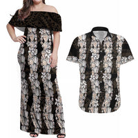 Black and Beige Hawaii Shell Lei Couples Matching Off Shoulder Maxi Dress and Hawaiian Shirt Hawaiian Sunrise Shell Hebrew Cone Plumeria LT14 Black - Polynesian Pride
