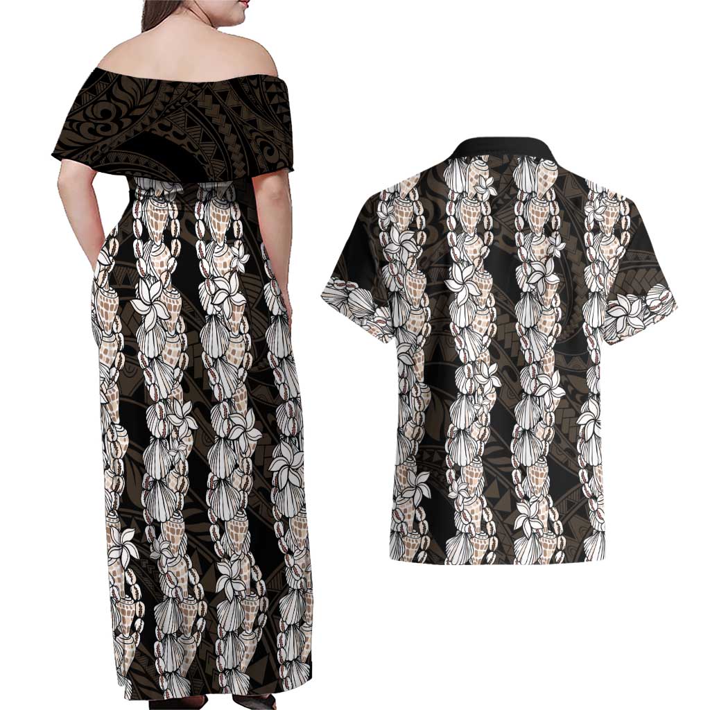 Black and Beige Hawaii Shell Lei Couples Matching Off Shoulder Maxi Dress and Hawaiian Shirt Hawaiian Sunrise Shell Hebrew Cone Plumeria LT14 - Polynesian Pride