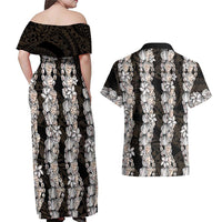 Black and Beige Hawaii Shell Lei Couples Matching Off Shoulder Maxi Dress and Hawaiian Shirt Hawaiian Sunrise Shell Hebrew Cone Plumeria LT14 - Polynesian Pride