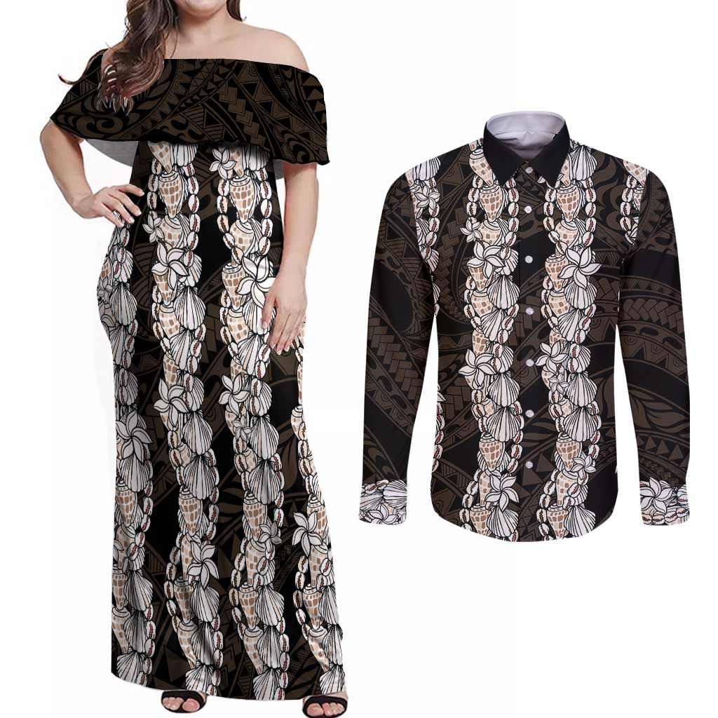 Black and Beige Hawaii Shell Lei Couples Matching Off Shoulder Maxi Dress and Long Sleeve Button Shirt Hawaiian Sunrise Shell Hebrew Cone Plumeria - Polynesian Pride