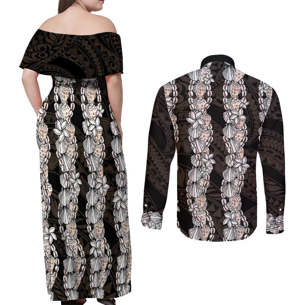 Black and Beige Hawaii Shell Lei Couples Matching Off Shoulder Maxi Dress and Long Sleeve Button Shirt Hawaiian Sunrise Shell Hebrew Cone Plumeria LT14 - Polynesian Pride