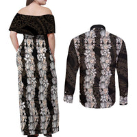 Black and Beige Hawaii Shell Lei Couples Matching Off Shoulder Maxi Dress and Long Sleeve Button Shirt Hawaiian Sunrise Shell Hebrew Cone Plumeria LT14 - Polynesian Pride