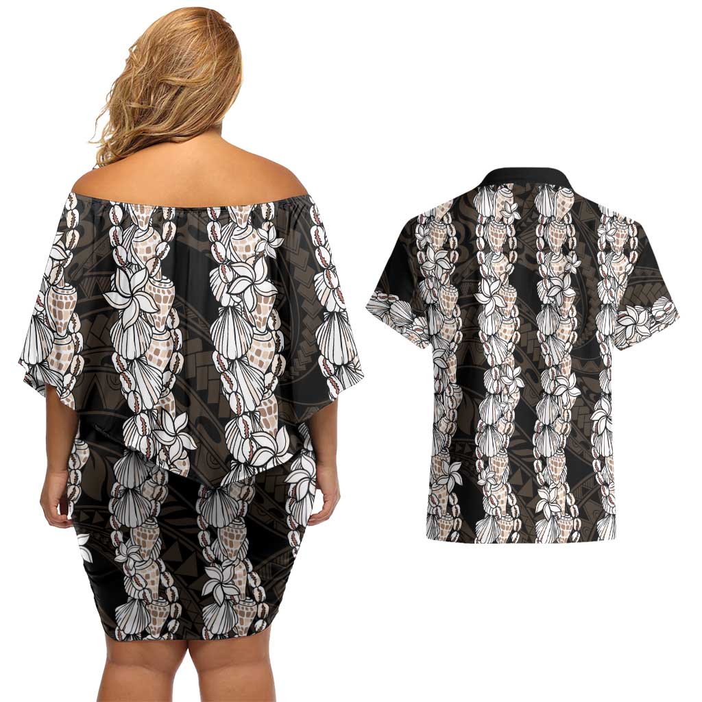 Black and Beige Hawaii Shell Lei Couples Matching Off Shoulder Short Dress and Hawaiian Shirt Hawaiian Sunrise Shell Hebrew Cone Plumeria LT14 - Polynesian Pride