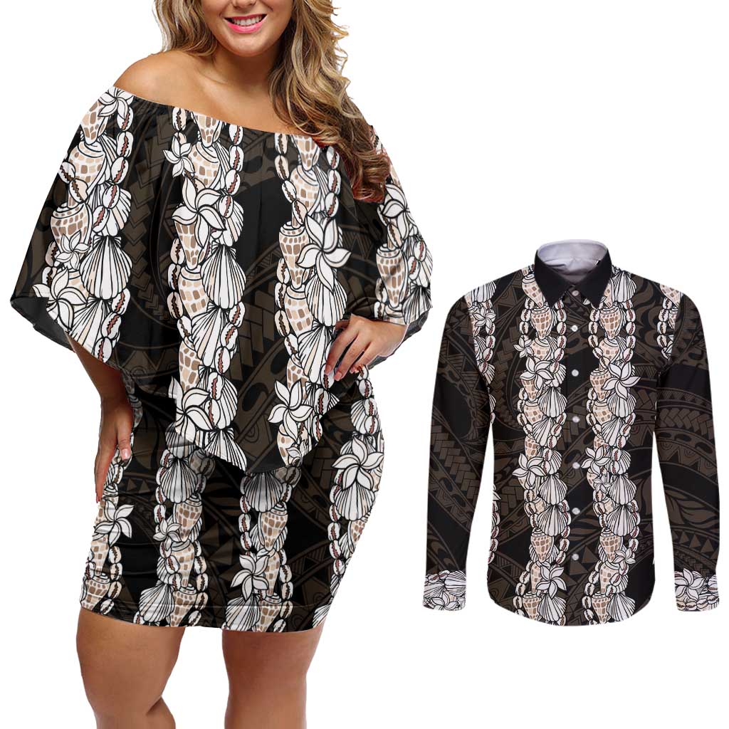 Black and Beige Hawaii Shell Lei Couples Matching Off Shoulder Short Dress and Long Sleeve Button Shirt Hawaiian Sunrise Shell Hebrew Cone Plumeria LT14 Black - Polynesian Pride