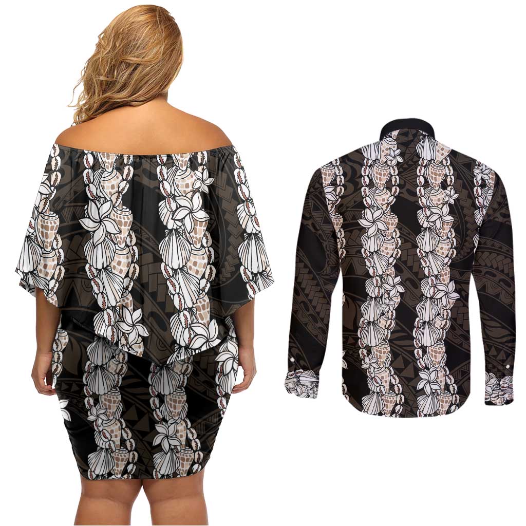 Black and Beige Hawaii Shell Lei Couples Matching Off Shoulder Short Dress and Long Sleeve Button Shirt Hawaiian Sunrise Shell Hebrew Cone Plumeria LT14 - Polynesian Pride