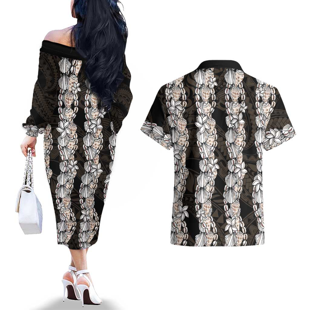 Black and Beige Hawaii Shell Lei Couples Matching Off The Shoulder Long Sleeve Dress and Hawaiian Shirt Hawaiian Sunrise Shell Hebrew Cone Plumeria LT14 - Polynesian Pride