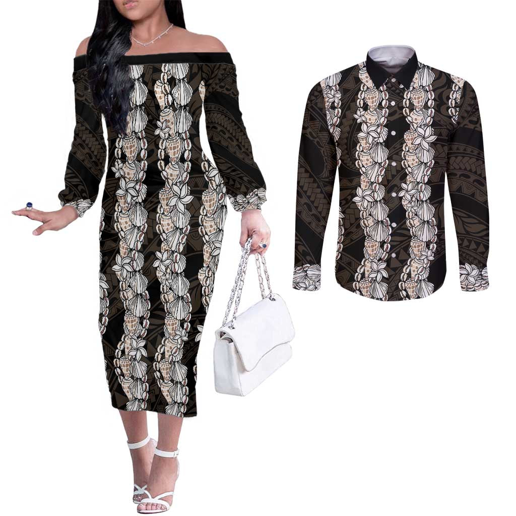 Black and Beige Hawaii Shell Lei Couples Matching Off The Shoulder Long Sleeve Dress and Long Sleeve Button Shirt Hawaiian Sunrise Shell Hebrew Cone Plumeria LT14 Black - Polynesian Pride