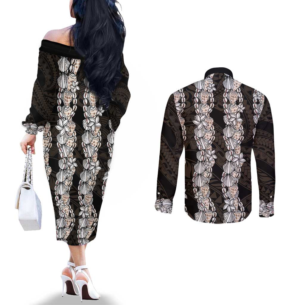 Black and Beige Hawaii Shell Lei Couples Matching Off The Shoulder Long Sleeve Dress and Long Sleeve Button Shirt Hawaiian Sunrise Shell Hebrew Cone Plumeria LT14 - Polynesian Pride
