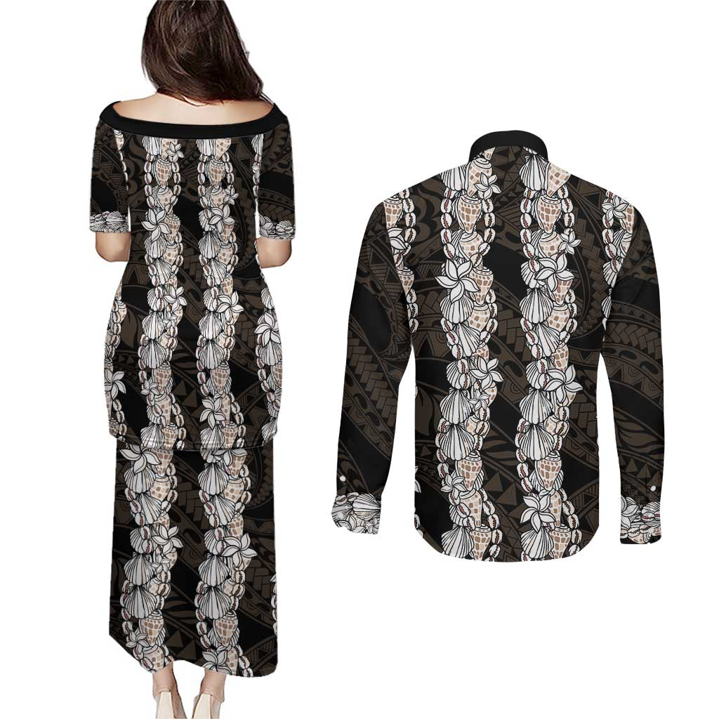 Black and Beige Hawaii Shell Lei Couples Matching Puletasi and Long Sleeve Button Shirt Hawaiian Sunrise Shell Hebrew Cone Plumeria - Polynesian Pride
