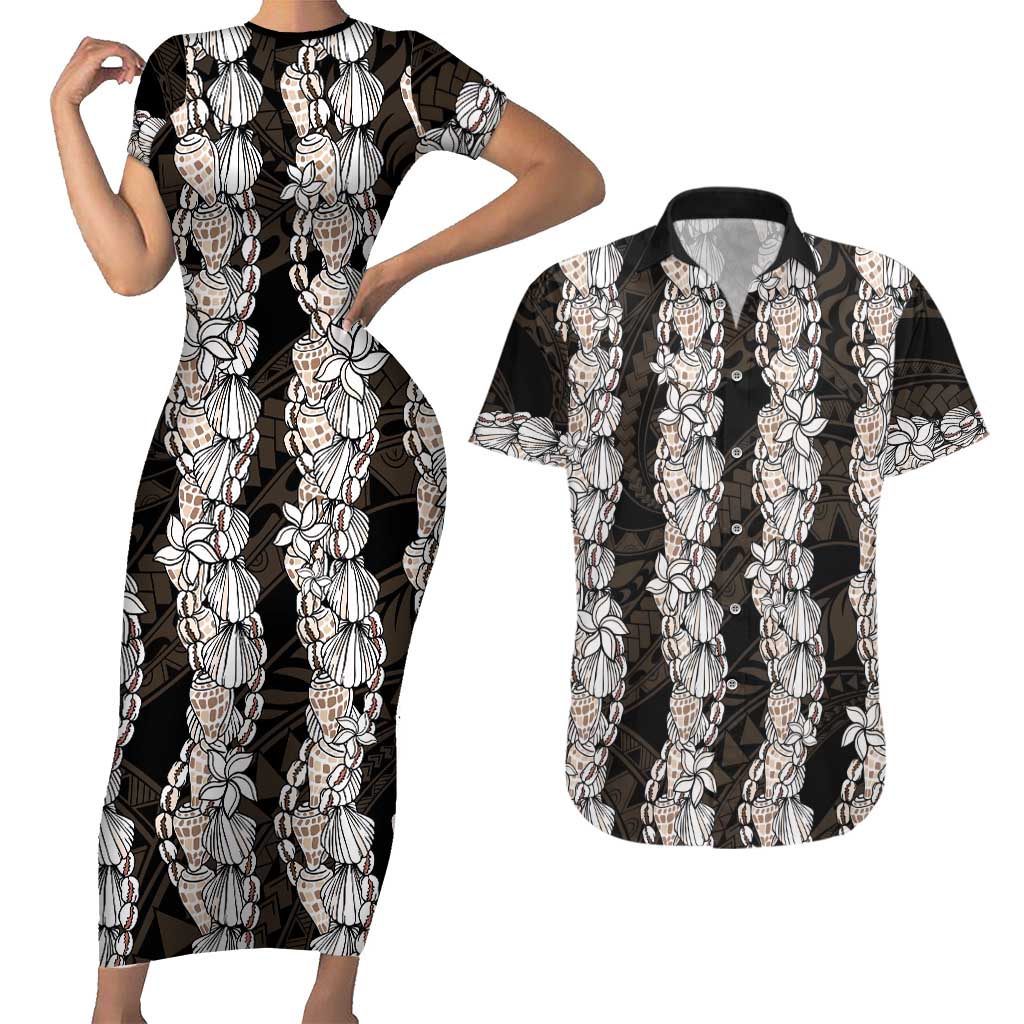 Black and Beige Hawaii Shell Lei Couples Matching Short Sleeve Bodycon Dress and Hawaiian Shirt Hawaiian Sunrise Shell Hebrew Cone Plumeria - Polynesian Pride