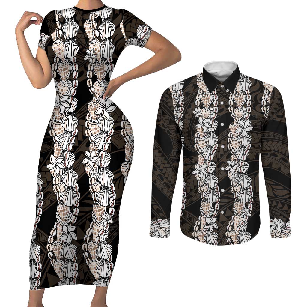 Black and Beige Hawaii Shell Lei Couples Matching Short Sleeve Bodycon Dress and Long Sleeve Button Shirt Hawaiian Sunrise Shell Hebrew Cone Plumeria - Polynesian Pride