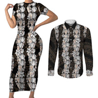 Black and Beige Hawaii Shell Lei Couples Matching Short Sleeve Bodycon Dress and Long Sleeve Button Shirt Hawaiian Sunrise Shell Hebrew Cone Plumeria LT14 Black - Polynesian Pride