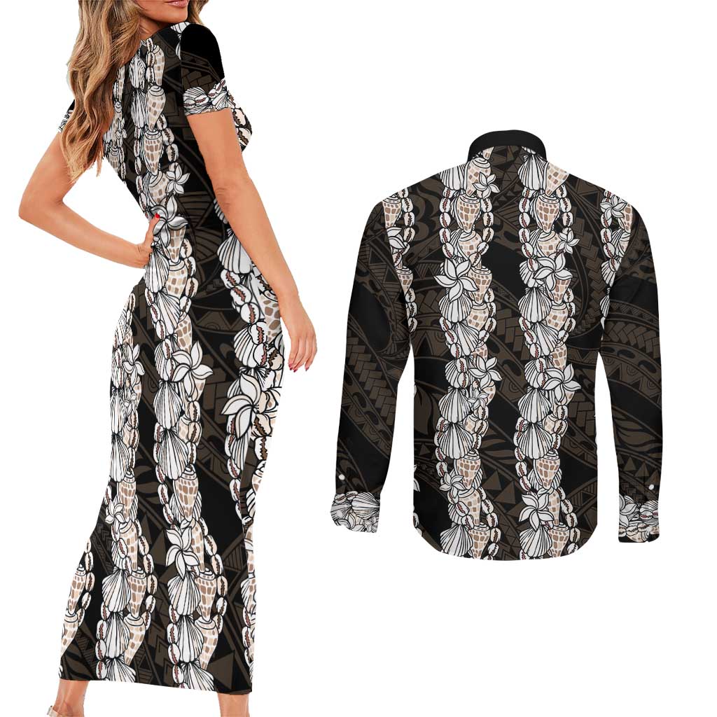 Black and Beige Hawaii Shell Lei Couples Matching Short Sleeve Bodycon Dress and Long Sleeve Button Shirt Hawaiian Sunrise Shell Hebrew Cone Plumeria LT14 - Polynesian Pride
