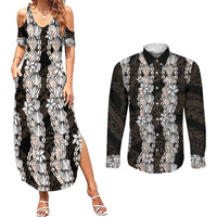 Black and Beige Hawaii Shell Lei Couples Matching Summer Maxi Dress and Long Sleeve Button Shirt Hawaiian Sunrise Shell Hebrew Cone Plumeria LT14 Black - Polynesian Pride