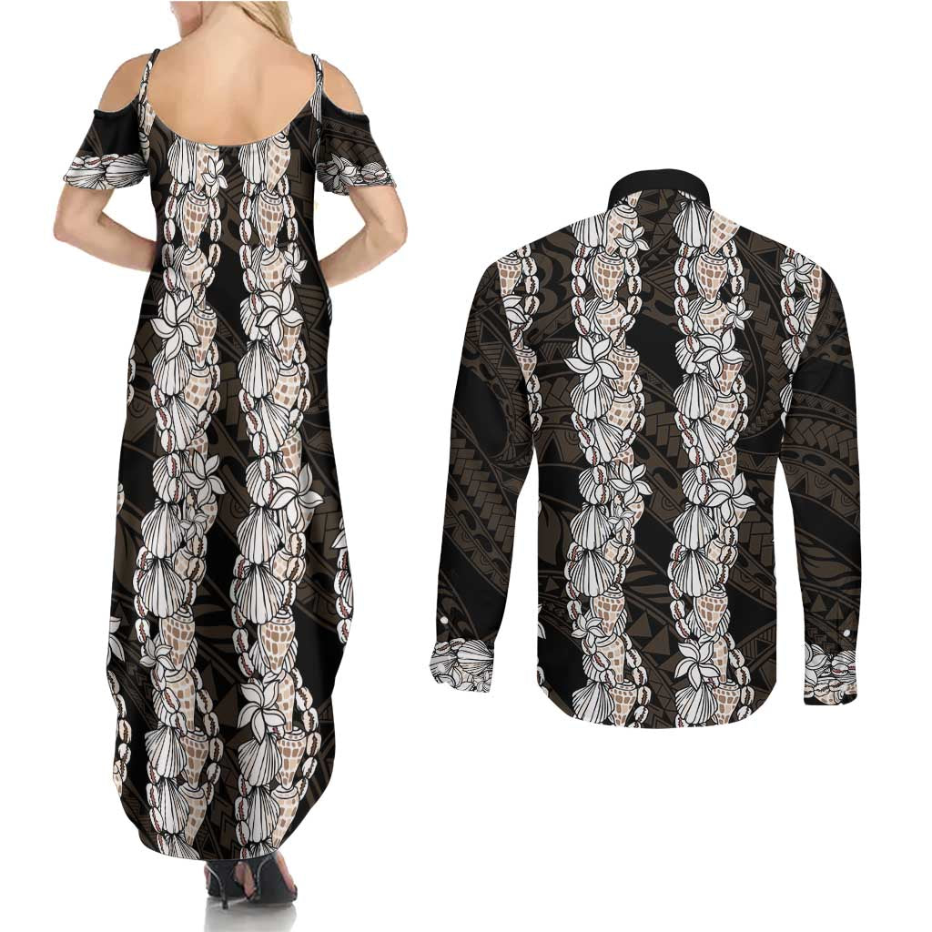 Black and Beige Hawaii Shell Lei Couples Matching Summer Maxi Dress and Long Sleeve Button Shirt Hawaiian Sunrise Shell Hebrew Cone Plumeria LT14 - Polynesian Pride