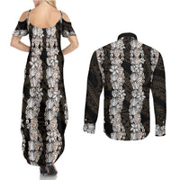 Black and Beige Hawaii Shell Lei Couples Matching Summer Maxi Dress and Long Sleeve Button Shirt Hawaiian Sunrise Shell Hebrew Cone Plumeria LT14 - Polynesian Pride