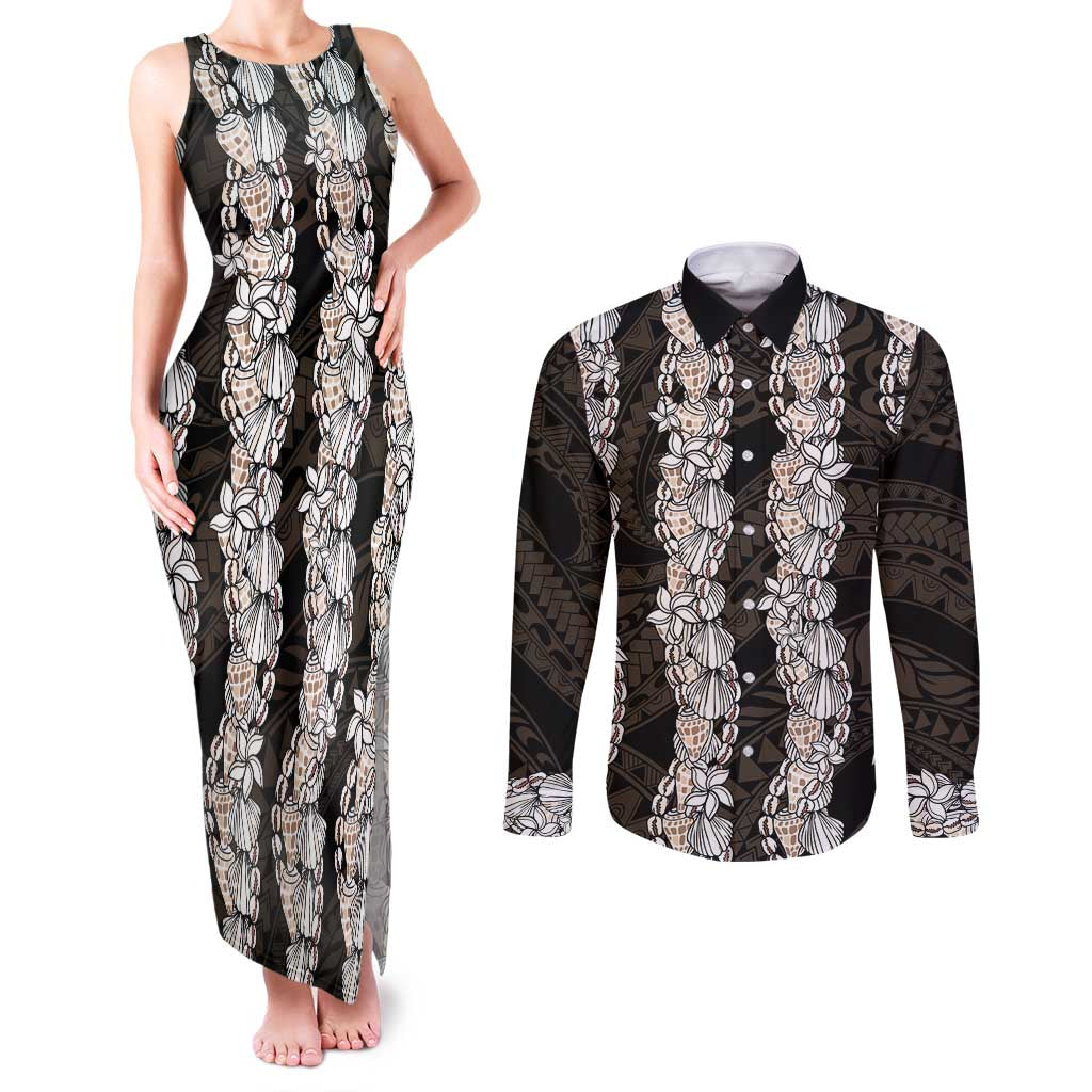 Black and Beige Hawaii Shell Lei Couples Matching Tank Maxi Dress and Long Sleeve Button Shirt Hawaiian Sunrise Shell Hebrew Cone Plumeria LT14 Black - Polynesian Pride
