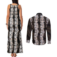 Black and Beige Hawaii Shell Lei Couples Matching Tank Maxi Dress and Long Sleeve Button Shirt Hawaiian Sunrise Shell Hebrew Cone Plumeria LT14 - Polynesian Pride