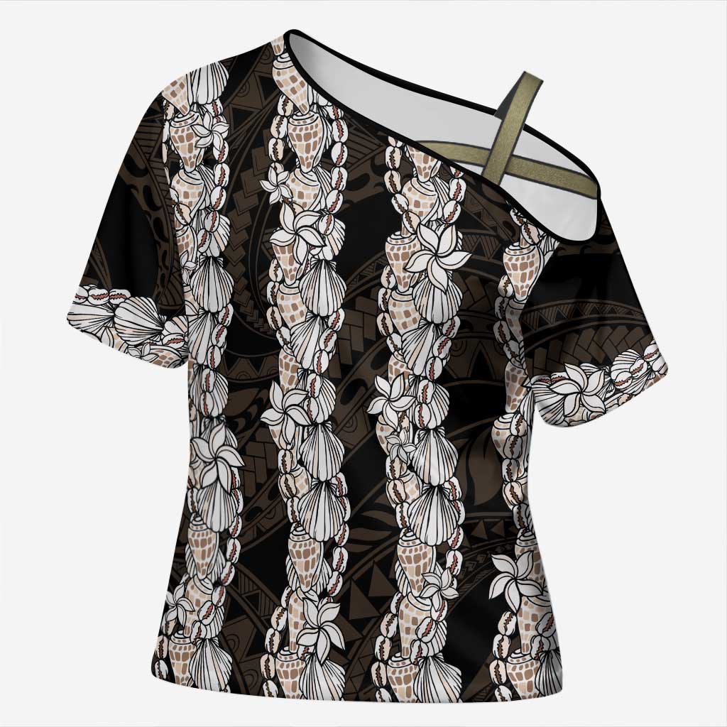 Black and Beige Hawaii Shell Lei Cross Shoulder Shirt Hawaiian Sunrise Shell Hebrew Cone Plumeria - Polynesian Pride