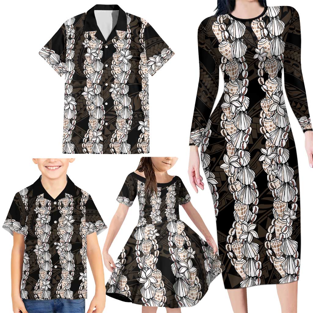 Black and Beige Hawaii Shell Lei Family Matching Long Sleeve Bodycon Dress and Hawaiian Shirt Hawaiian Sunrise Shell Hebrew Cone Plumeria LT14 - Polynesian Pride
