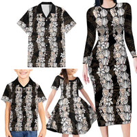 Black and Beige Hawaii Shell Lei Family Matching Long Sleeve Bodycon Dress and Hawaiian Shirt Hawaiian Sunrise Shell Hebrew Cone Plumeria LT14 - Polynesian Pride