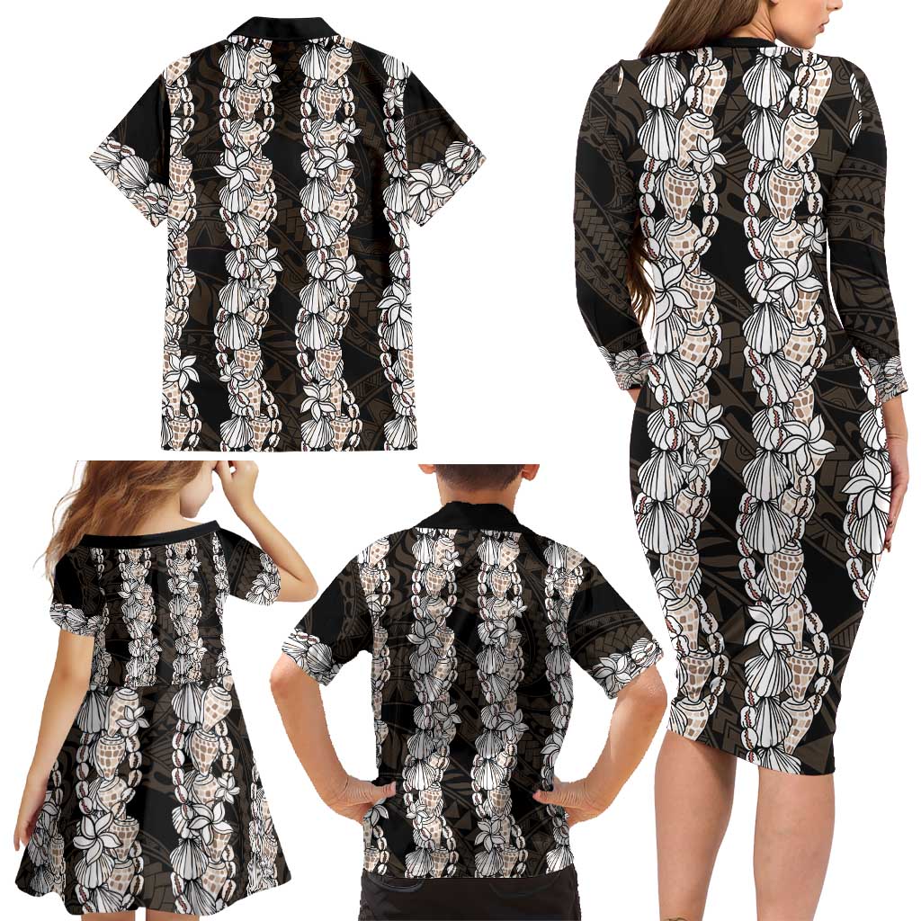 Black and Beige Hawaii Shell Lei Family Matching Long Sleeve Bodycon Dress and Hawaiian Shirt Hawaiian Sunrise Shell Hebrew Cone Plumeria LT14 - Polynesian Pride