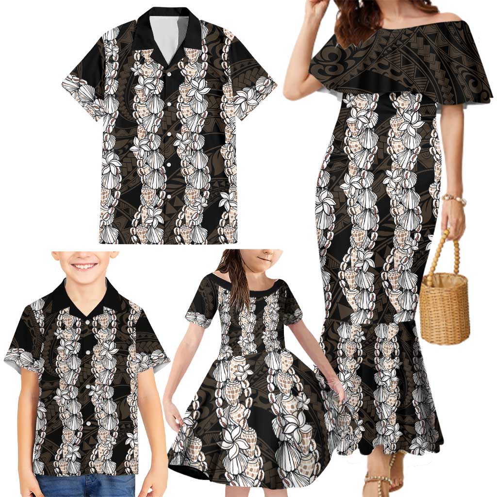 Black and Beige Hawaii Shell Lei Family Matching Mermaid Dress and Hawaiian Shirt Hawaiian Sunrise Shell Hebrew Cone Plumeria LT14 - Polynesian Pride