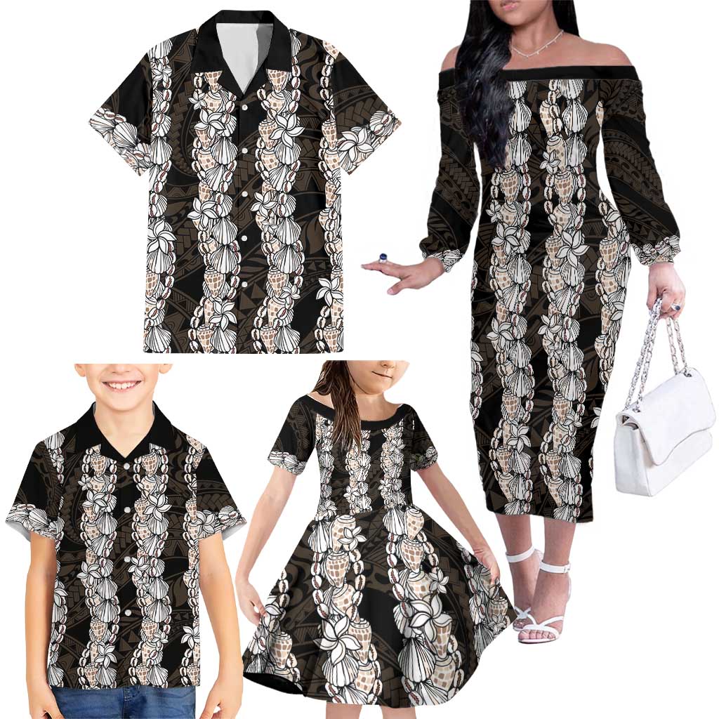 Black and Beige Hawaii Shell Lei Family Matching Off The Shoulder Long Sleeve Dress and Hawaiian Shirt Hawaiian Sunrise Shell Hebrew Cone Plumeria - Polynesian Pride