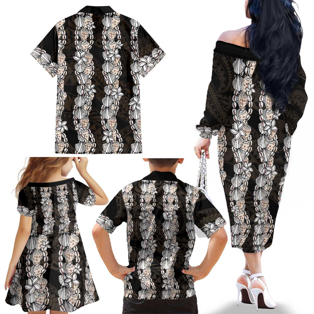 Black and Beige Hawaii Shell Lei Family Matching Off The Shoulder Long Sleeve Dress and Hawaiian Shirt Hawaiian Sunrise Shell Hebrew Cone Plumeria LT14 - Polynesian Pride