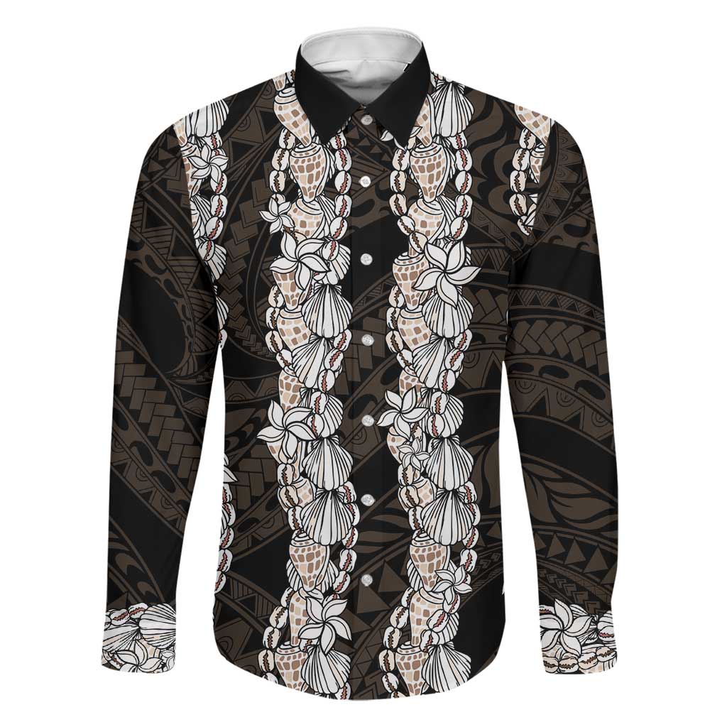 Black and Beige Hawaii Shell Lei Family Matching Off The Shoulder Long Sleeve Dress and Hawaiian Shirt Hawaiian Sunrise Shell Hebrew Cone Plumeria LT14 Dad's Shirt - Long Sleeve Black - Polynesian Pride