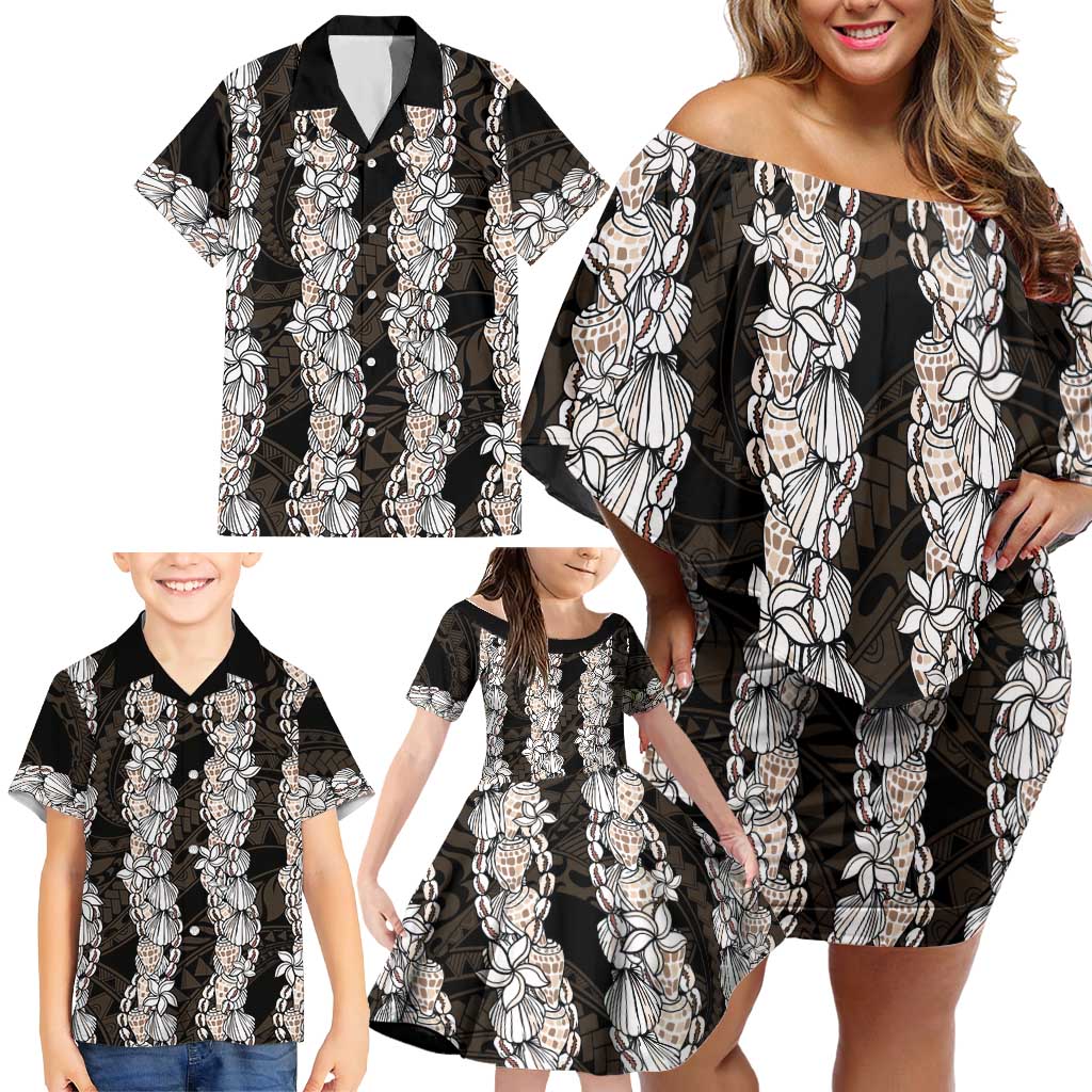 Black and Beige Hawaii Shell Lei Family Matching Off Shoulder Short Dress and Hawaiian Shirt Hawaiian Sunrise Shell Hebrew Cone Plumeria LT14 - Polynesian Pride