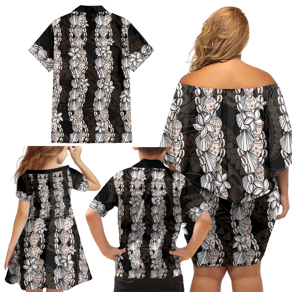 Black and Beige Hawaii Shell Lei Family Matching Off Shoulder Short Dress and Hawaiian Shirt Hawaiian Sunrise Shell Hebrew Cone Plumeria LT14 - Polynesian Pride