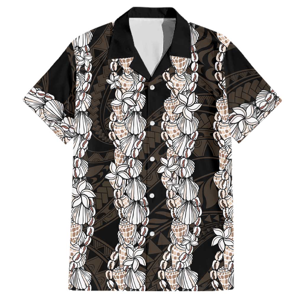 Black and Beige Hawaii Shell Lei Family Matching Off Shoulder Short Dress and Hawaiian Shirt Hawaiian Sunrise Shell Hebrew Cone Plumeria LT14 Dad's Shirt - Short Sleeve Black - Polynesian Pride
