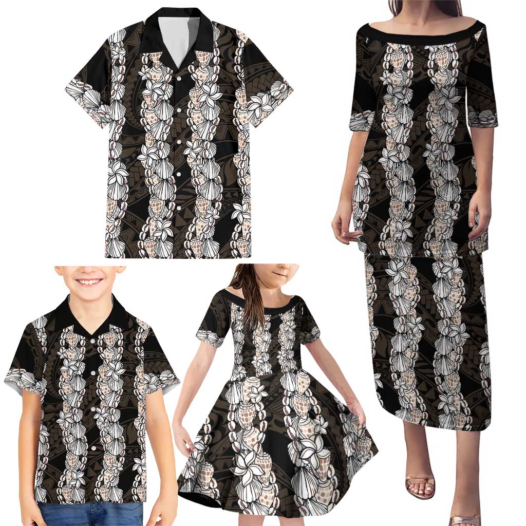 Black and Beige Hawaii Shell Lei Family Matching Puletasi and Hawaiian Shirt Hawaiian Sunrise Shell Hebrew Cone Plumeria - Polynesian Pride