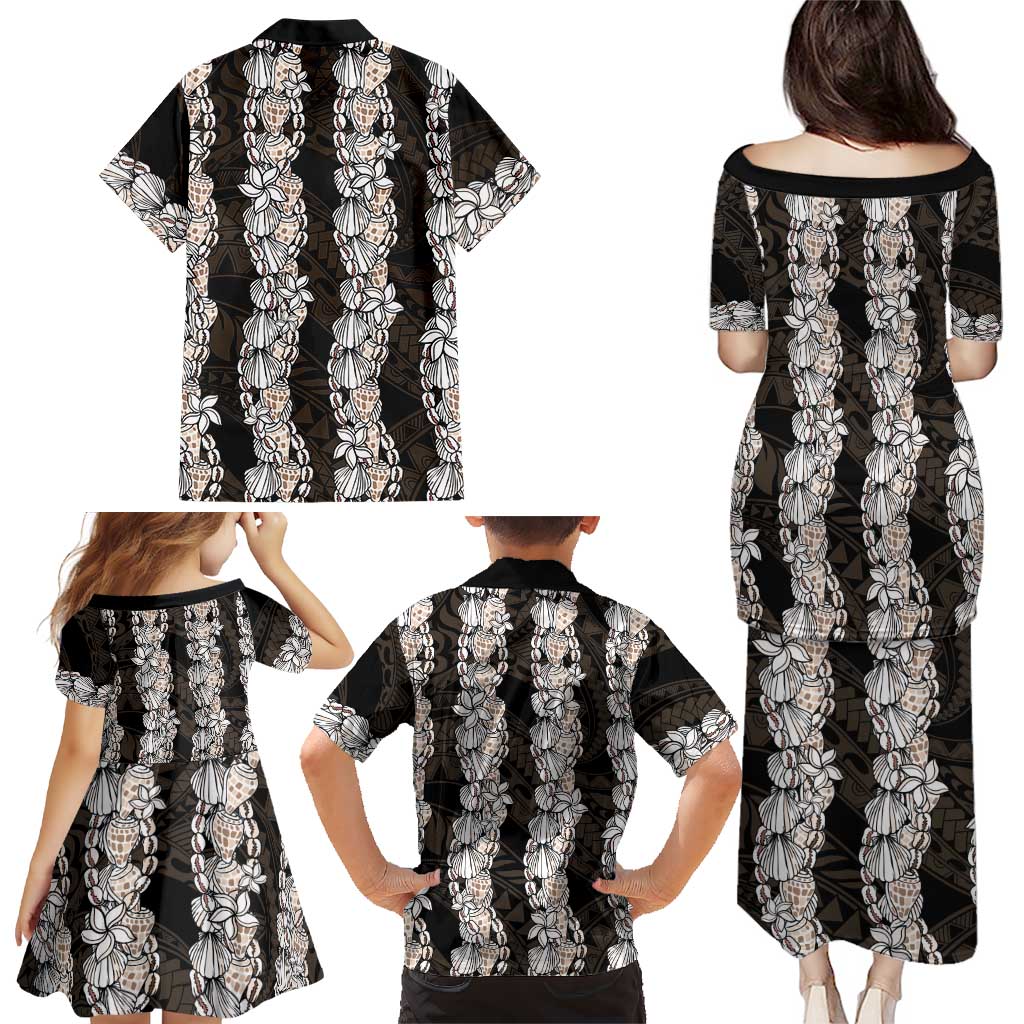 Black and Beige Hawaii Shell Lei Family Matching Puletasi and Hawaiian Shirt Hawaiian Sunrise Shell Hebrew Cone Plumeria LT14 - Polynesian Pride