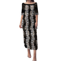 Black and Beige Hawaii Shell Lei Family Matching Puletasi and Hawaiian Shirt Hawaiian Sunrise Shell Hebrew Cone Plumeria LT14 Mom's Dress Black - Polynesian Pride