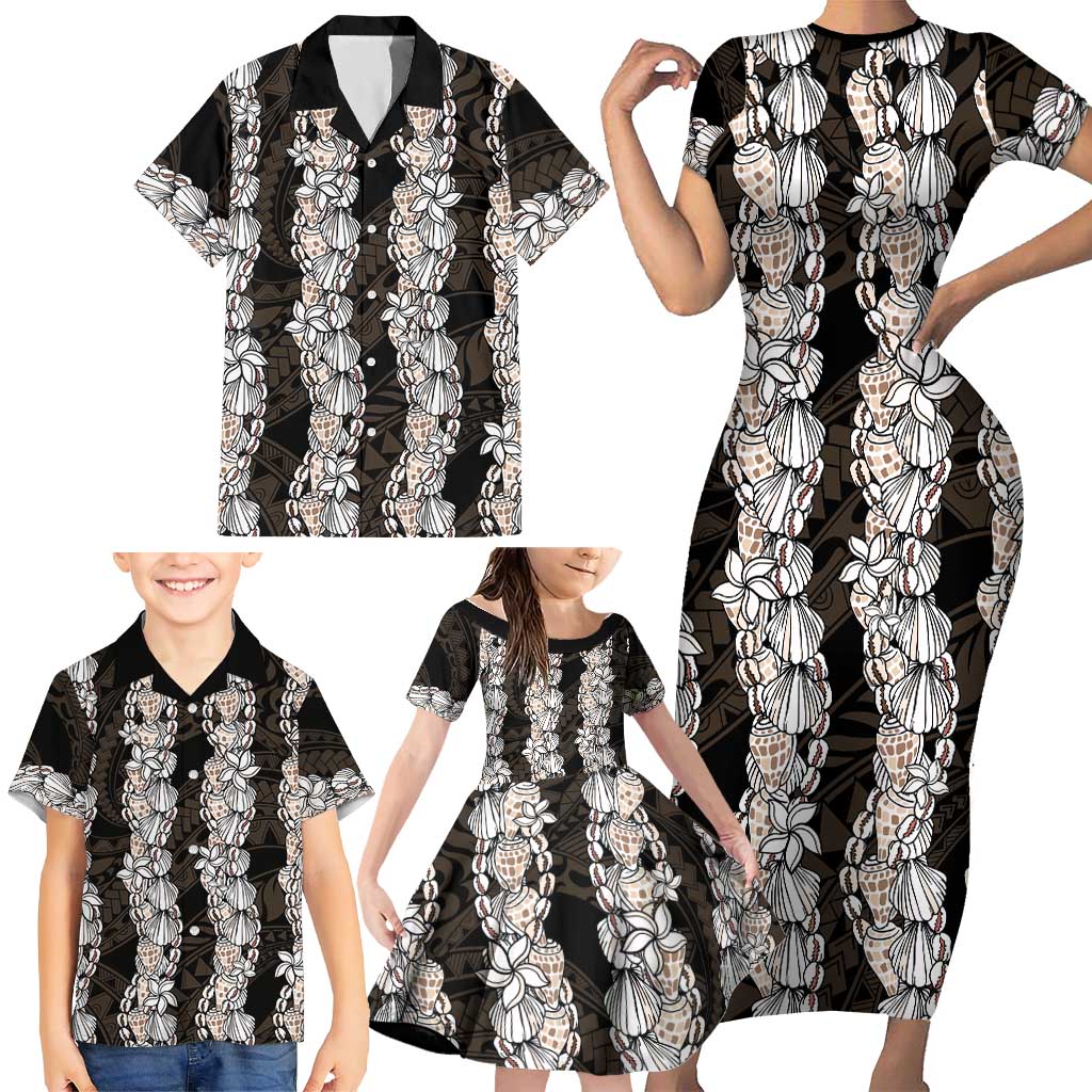 Black and Beige Hawaii Shell Lei Family Matching Short Sleeve Bodycon Dress and Hawaiian Shirt Hawaiian Sunrise Shell Hebrew Cone Plumeria - Polynesian Pride