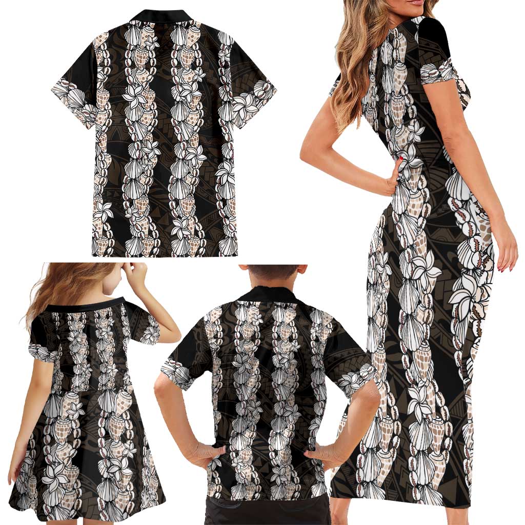 Black and Beige Hawaii Shell Lei Family Matching Short Sleeve Bodycon Dress and Hawaiian Shirt Hawaiian Sunrise Shell Hebrew Cone Plumeria LT14 - Polynesian Pride