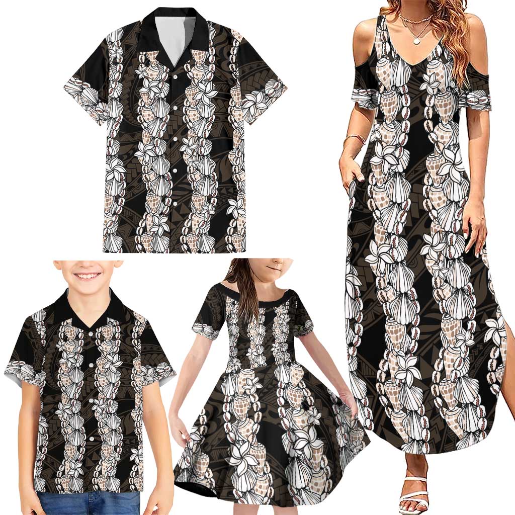 Black and Beige Hawaii Shell Lei Family Matching Summer Maxi Dress and Hawaiian Shirt Hawaiian Sunrise Shell Hebrew Cone Plumeria LT14 - Polynesian Pride