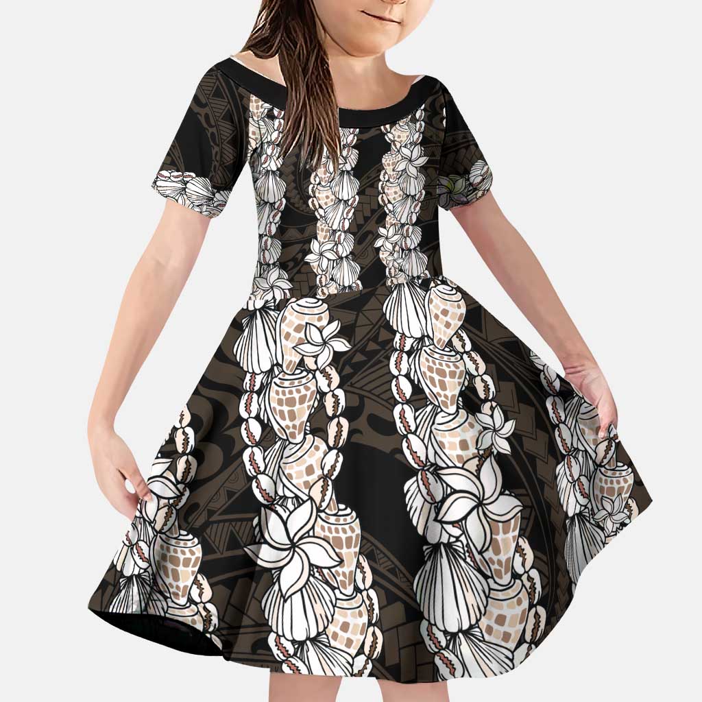 Black and Beige Hawaii Shell Lei Family Matching Tank Maxi Dress and Hawaiian Shirt Hawaiian Sunrise Shell Hebrew Cone Plumeria LT14 Daughter's Dress Black - Polynesian Pride