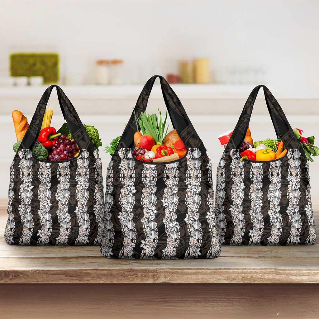 Black and Beige Hawaii Shell Lei Grocery Bag Hawaiian Sunrise Shell Hebrew Cone Plumeria - Polynesian Pride