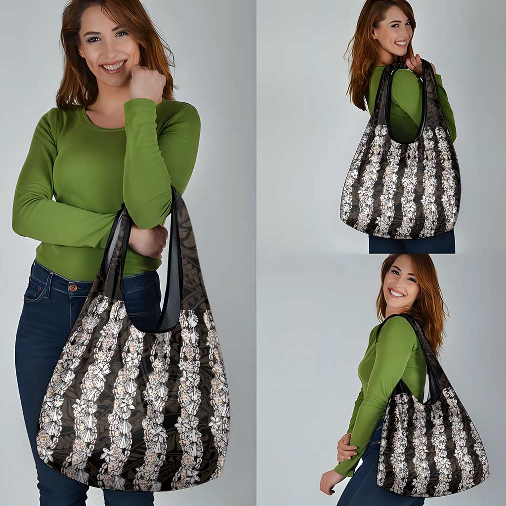 Black and Beige Hawaii Shell Lei Grocery Bag Hawaiian Sunrise Shell Hebrew Cone Plumeria - Polynesian Pride