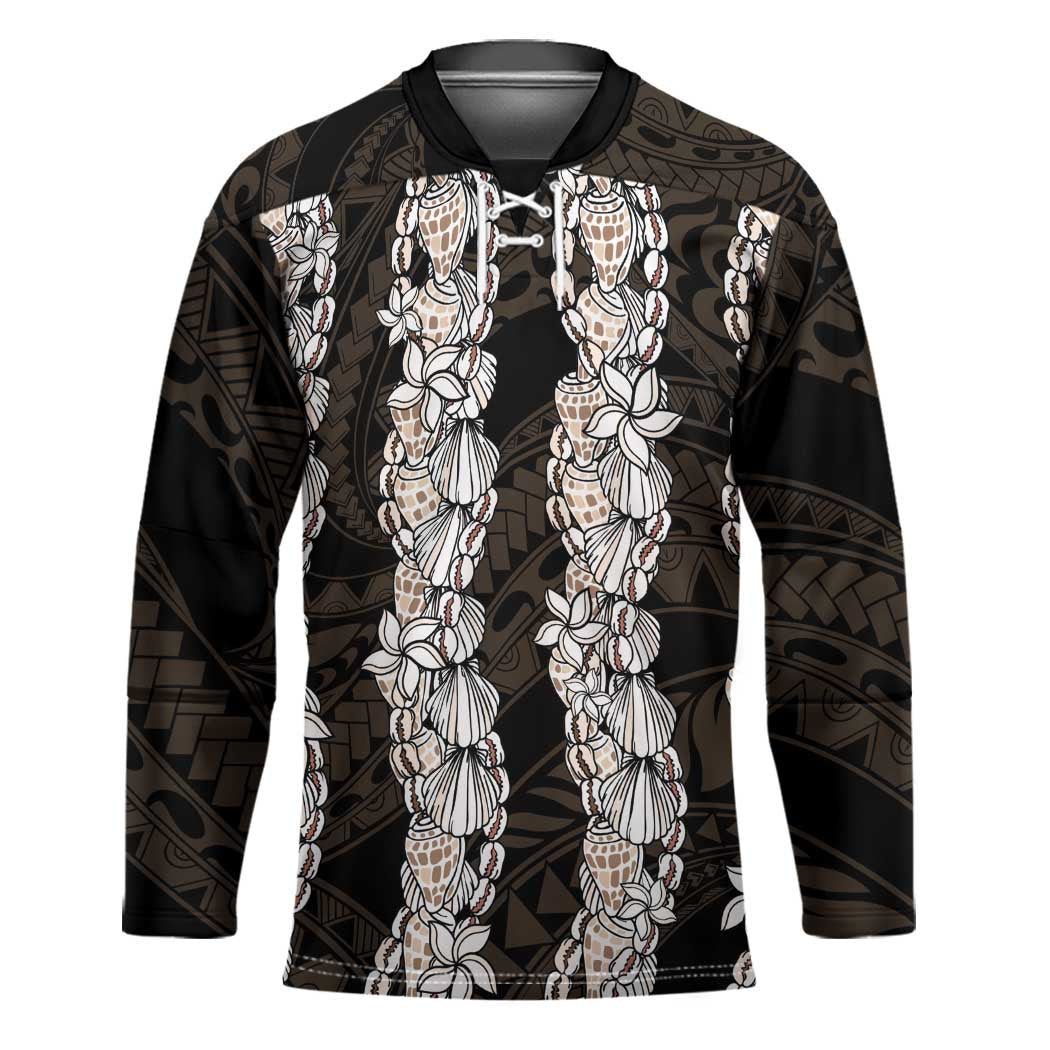 Black and Beige Hawaii Shell Lei Hockey Jersey Hawaiian Sunrise Shell Hebrew Cone Plumeria - Polynesian Pride