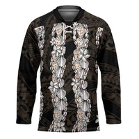 Black and Beige Hawaii Shell Lei Hockey Jersey Hawaiian Sunrise Shell Hebrew Cone Plumeria - Polynesian Pride