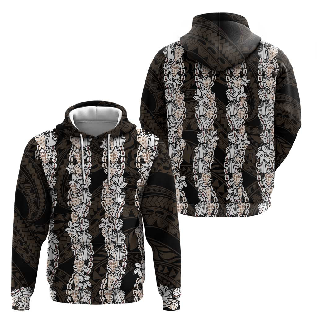 Black and Beige Hawaii Shell Lei Hoodie Hawaiian Sunrise Shell Hebrew Cone Plumeria - Polynesian Pride